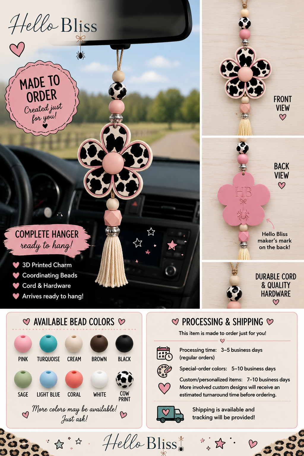 Cow Print Flower Rear View Mirror Hanger