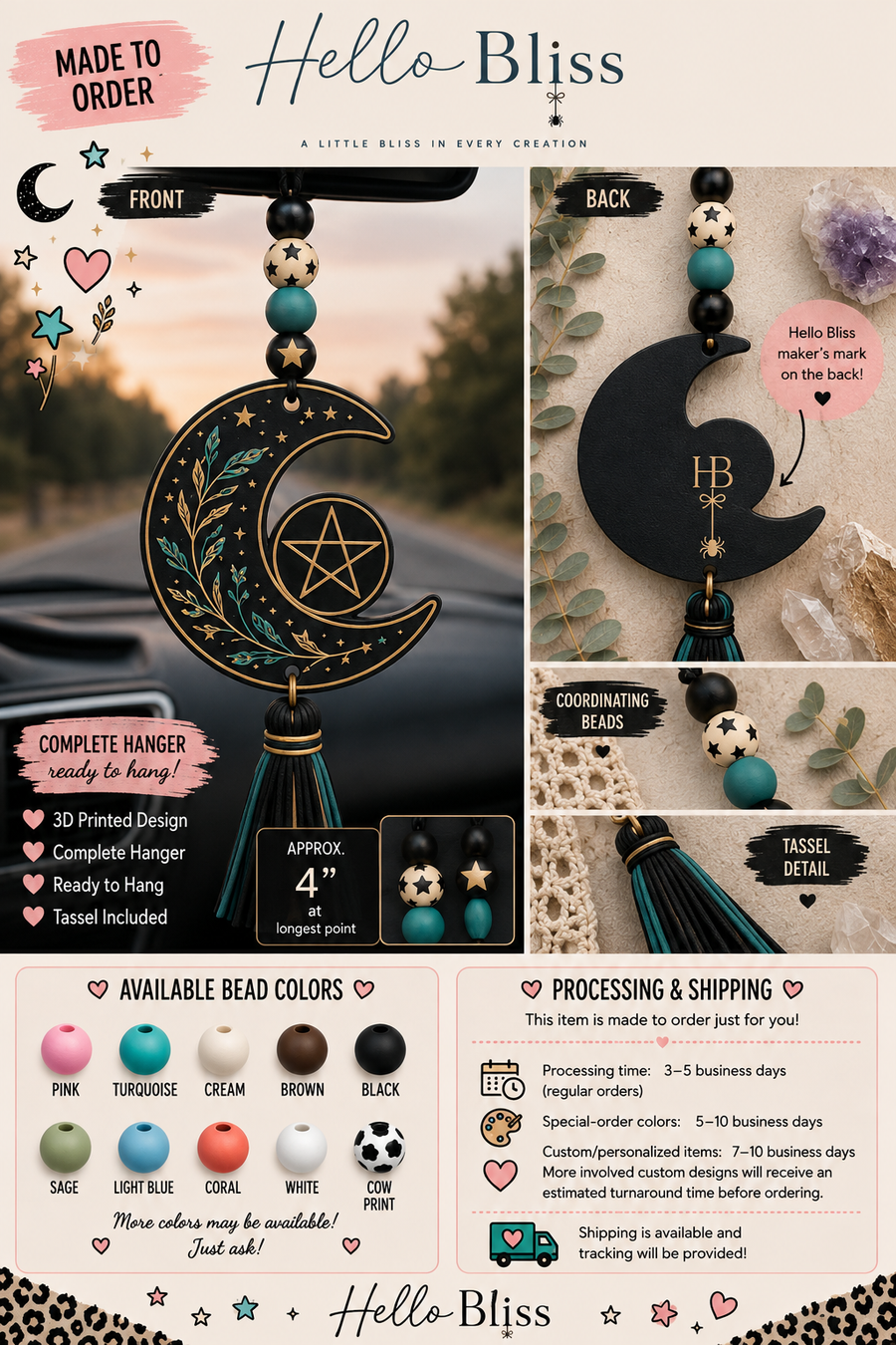 Moon & Pentacle Rear View Mirror Hanger